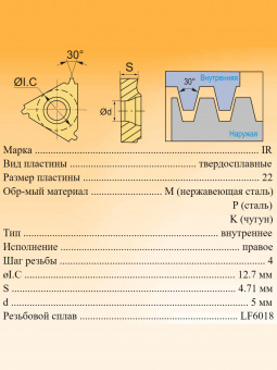 Твердосплавные резьбовые пластины 22IR 4 TR LDA