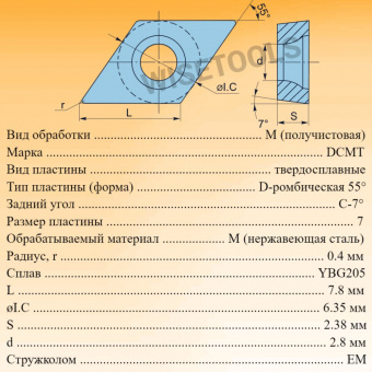 Твердосплавные пластины для точения DCMT070204-EM YBG205