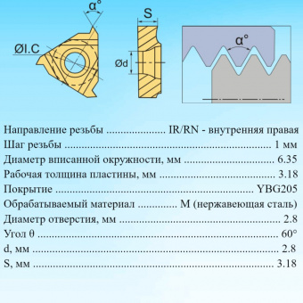 Твердосплавные резьбовые пластины RT11.01N-1.00GM YBG205