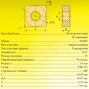 Твердосплавные токарные пластины SNMG190616-DR YBC251